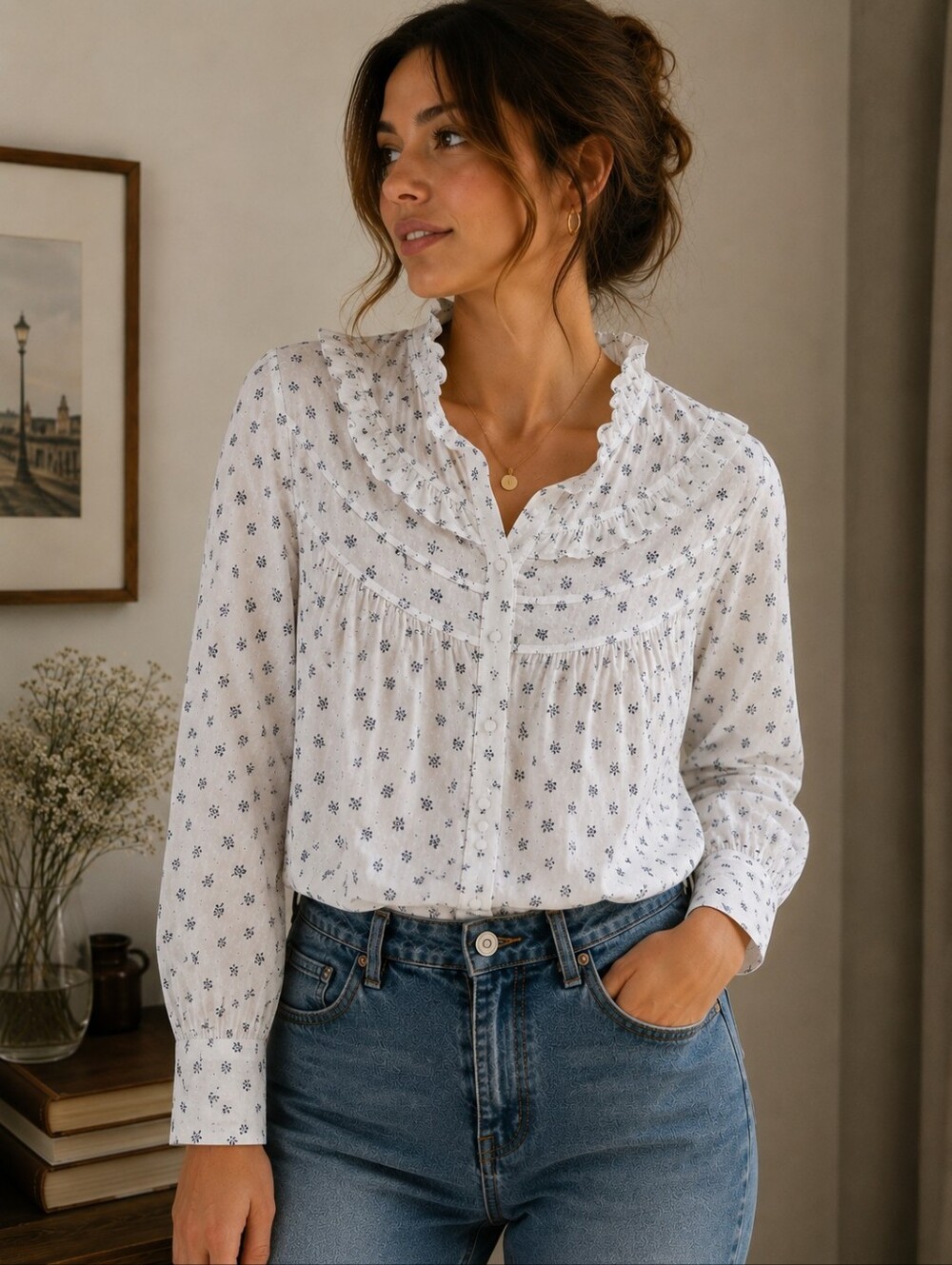 Mo:Vint New York | Floral Ruffle Blouse Cottagecore Boho Top, Size M